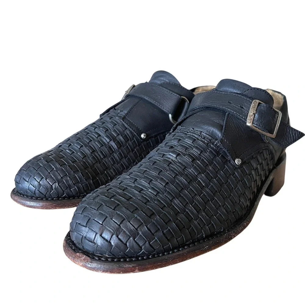 John Fluevog Ayn Black Woven Leather Monk Strap Shoes Low Block Heel Womens 10W